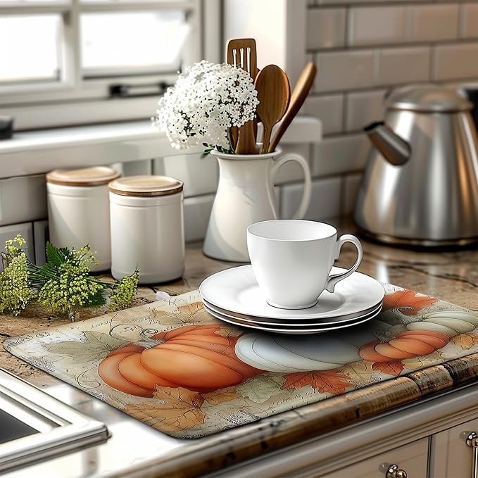 Fall Dish Drying Mats for Kitchen Counter Autumn Pumpkin Maple Leaf Vintage Drying Mats Thanksgiving Holiday Dishes Drainer Pad Microfiber Absorbent Reversible Dish Draining Mat 18x24 Inch