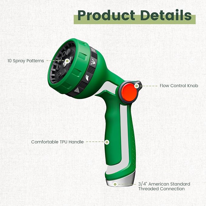 Heavy Duty Metal Garden Hose Nozzle, Thumb Control High Pressure Water Sprayer with 10 Adjustable Patterns, On Off Valve for Watering Plants & Lawns, Car Washing and Pet Showering