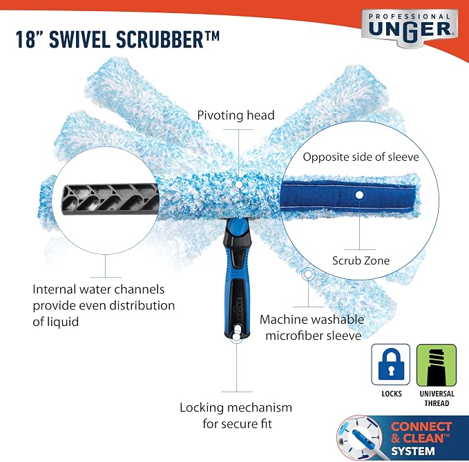 Unger Professional Connect & Clean 18" Window Scrubber Washer for Glass Cleaning and 18” Window and Glass Cleaning Squeegee with EZ Change, Swiveling Head for Corners and Edges
