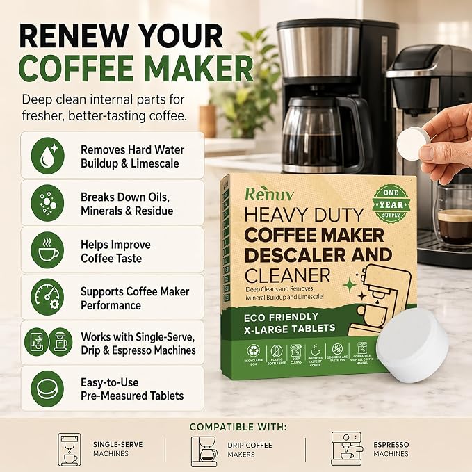 Renuv® Dishwasher Cleaner + Coffee Maker Cleaner Bundle, 12 Tablets Each | Heavy Duty Kitchen Appliance, Deep Cleaning, Descaling and Deodorizing