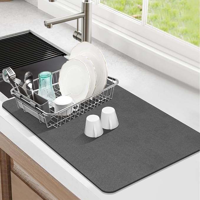 Findosom Dish Drying Mat, 12"x 20" Super Absorbent & Hide Stain Coffee Mat, Cuttable Drying Mat for Kitchen Counter, Coffee Bar Accessories, Under Dish Rack, Coffee Maker, Espresso Machine, DarkGrey-2