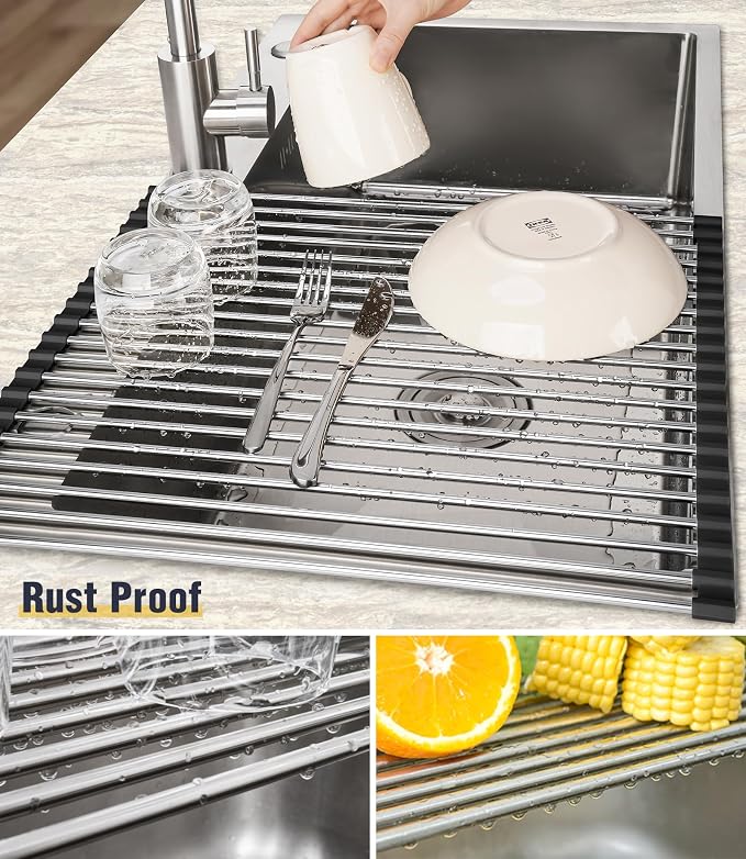 Tomorotec 21" x 15.5" Roll Up Dish Drying Rack Over Sink Drying Rack Sink Cover Kitchen Sink Accessories Gadget Multipurpose Organizer Foldable Stainless Steel Drainer