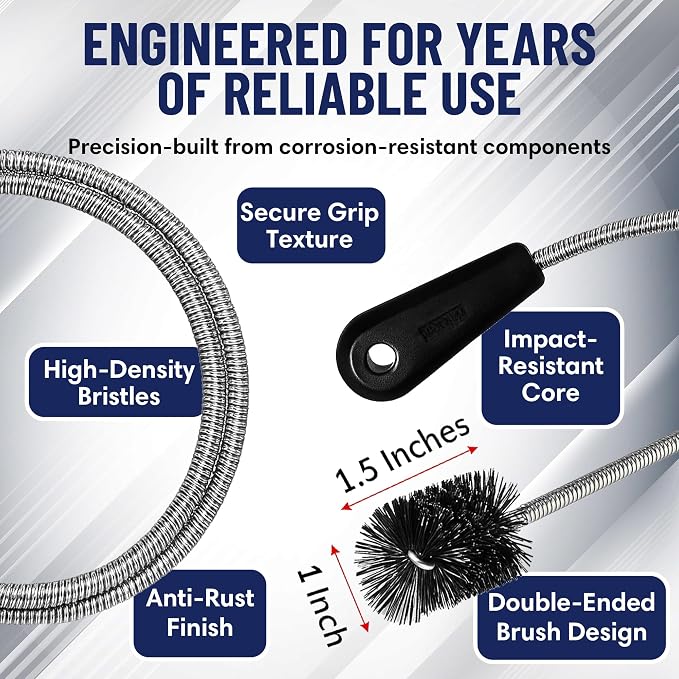 48" Flexible Tube Brush – Long Pipe Snake for Sink - AC Condensate Line Cleaning - Flexible Pipe Cleaner Brush for Hair, Food & Clog Removal - Cleaner Tool – B313C by FryOilSaver Co.