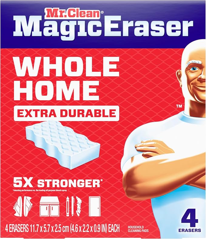 Mr. Clean Magic Eraser Sponge, All Purpose Cleaner, Cleaning Scrubber, Wall, Sneaker, Kitchen, Bathroom, Shower Cleaner, Cleaning Supplies, Melamine Sponge, Cleaning Pads, Extra Durable, 4ct