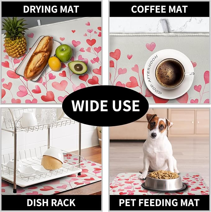 Valentines Pink Love Heart Dish Drying Mat Valentine Day Absorbent Microfiber Dish Drying Pad Heat Resistant Kitchen Counter Draining Mat Extra Large Dish Drainer Rack Mats 16x18 Inch