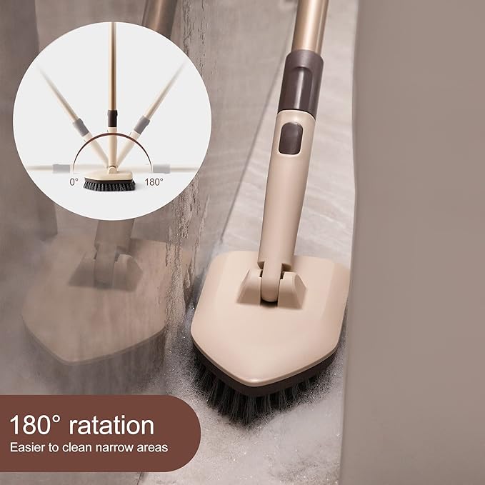 Eyliden Shower Scrubber with Long Handle, 2 Type Head, Tile Tub Scrub Brush | 49" Handle, 2 Different Function Cleaning - 1 Stiff Bristle + 2 Non-Scratch Pads, for Bathroom Grout Sink Glass Kitchen Floor