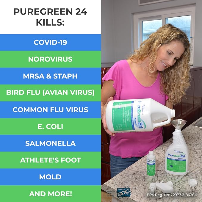 PureGreen24 Safe & Effective Disinfectant. Kills Deadly Germs including RSV COVID-19 Norovirus MRSA Staph 2026 flu Contains no toxic chemicals odorless child & pet safe 2 gallon bottles ready to use