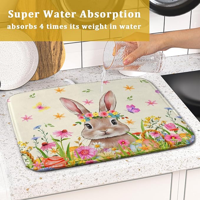 Easter Dish Drying Mat for Kitchen Counter Spring Easter Holiday Dish Drying Mat 16X18 Inch Reversible Absorbent Dish Pad Spring Wildflowers Dishes Drainer Pad Dish Drying Rack Mat for Countertop
