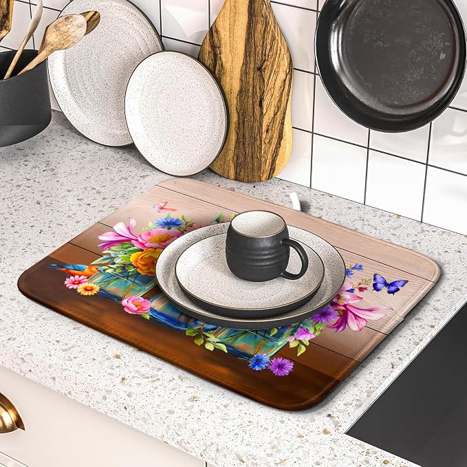 Colorful Flowers Dish Drying Mat for Kitchen Counter 16x18in Spring Summer Flower Vases Dish Mat Drying Absorbent Microfiber Dish Drainer Rack Mats Botanical Floral Dishes Pad for Countertops