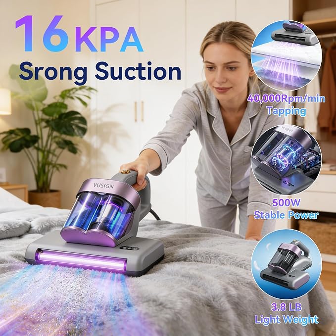 VUSIGN Mattress Vacuum Cleaner, 16Kpa Bed Vacuum Cleaner with 253.7nm UV-C Light, 140°F Heat, 40000RPM, HEPA Filter & Ultrasonic, Double-Cup Handheld Vacuums for Bed, Sofa, Couch, Crib(Corded, 500W)