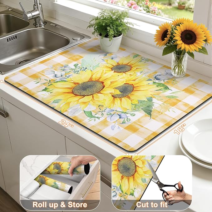 LOKHOM Dish Drying Mat for Kitchen Counter, 18"x24" Absorbent Coffee Bar Mat with Sunflowers, Vintage Floral Dish Drainer Rack Mat for Decoration