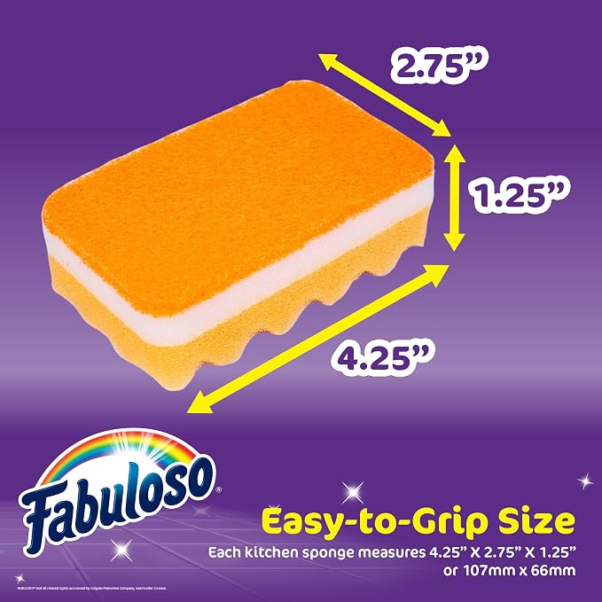 Fabuloso Scratch-Free Kitchen Dish Sponges, Rainbow Cellulose Scrubber Sponge with Scouring Pad for Dishes, Pots, Pans, Counters and Sinks, Tough on Messes, 4.25 x 2.75 x 1.25 in, 12 Count