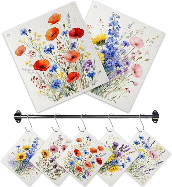 Swedish Dishcloths for Kitchen 5 Pack Spring Wildflower Reusable Paper Towels with 3 Hooks Absorbent Washable Dish Cloth Set Cleaning Cloth for Housewarming