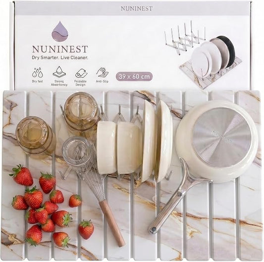 Diatomaceous Stone Dish Drying Mat with Collapsible Steel Rack - Quick Dry Kitchen Counter Set, Space Saving Foldable Dryer (White Marble, 23.6" x 15.3")
