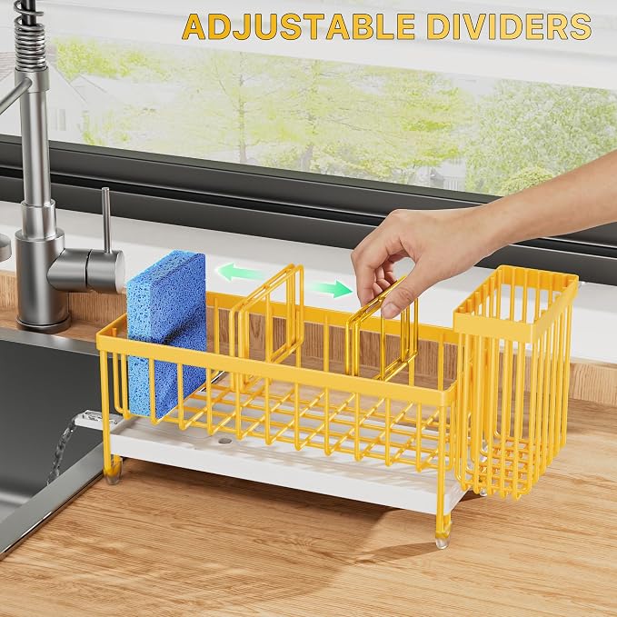 Cisily Sponge Holder for Kitchen Sink, Sink Caddy Organizer with High Brush Holder, Kitchen Countertop Organizers and Storage Essentials, Rustproof 304 Stainless Steel (Yellow, 9.25″)