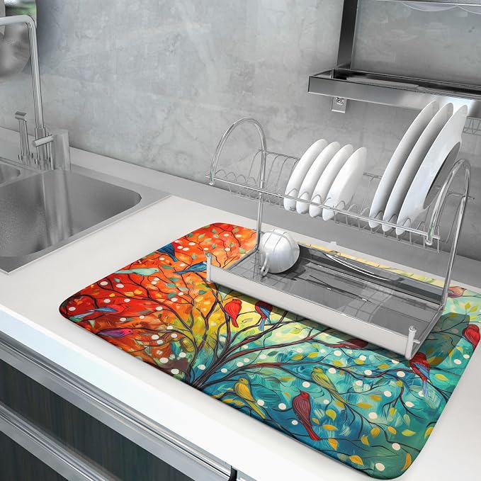 Dish Drying Mat for Kitchen Counter 18x24 Inch Summer Floral Birds Kitchen Drying Mat Fast Dry Absorbent Microfiber Dish Drainer Rack Pad Flower Mat for Countertop Decor