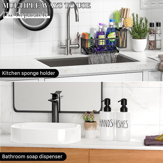 MASADI Kitchen Dish Soap Dispenser Set with Sponge Holder, 12OZ Glass Bottle, Hand and Dish Soap Dispenser Set, Non-Slip Silicone Pad, Brush Holder, Kitchen Sink Organizer Countertop (Black+White)