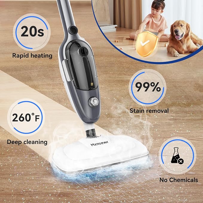 Steam Mop - All-in-one Powerful Handheld Steam Cleaner Detachable Floor Steamer with 11 Accessories, MultiPurpose Steamer for Hardwood Floors, Clothes,Windows,Tiles,Carpet, Whole Home Use(Grey）