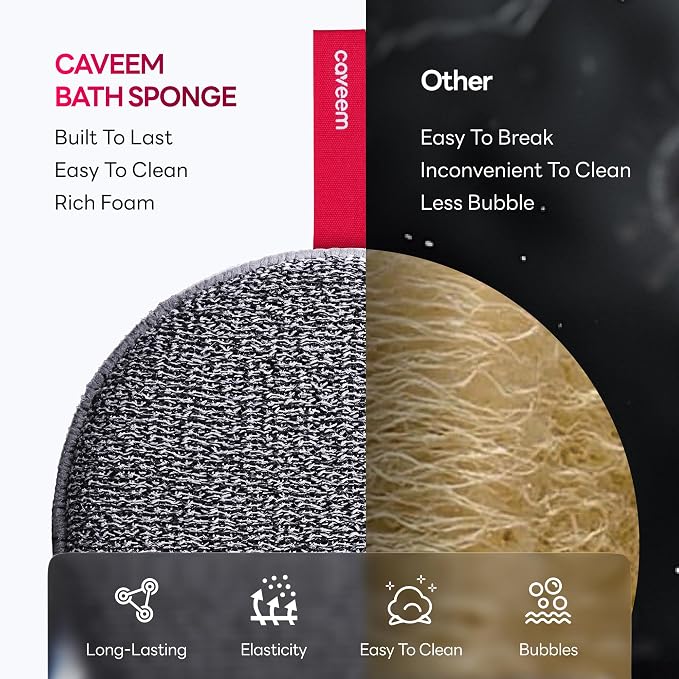 Caveem Exfoliating Body Scrubber, Extra Rough Shower Exfoliator Sponge, Body Exfoliating Sponges for Remove Dead Skin, Bath and Body Exfoliate Buffer, Round Sponge for Women (2 Pack)
