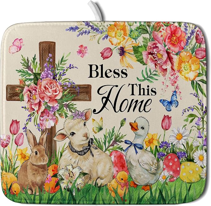 Easter Farmhouse Dish Drying Mat Funny Animal Dish Pad for Kitchen Counter Small 16 X 18
