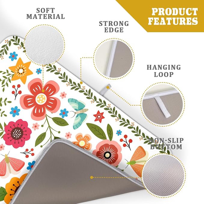 Colorful Boho Floral Dish Drying Mat 18x24 Inch Dishes Dry Pad Drainer Rack Mats Absorbent Hanging Loop Kitchen Counter Bar Accessories