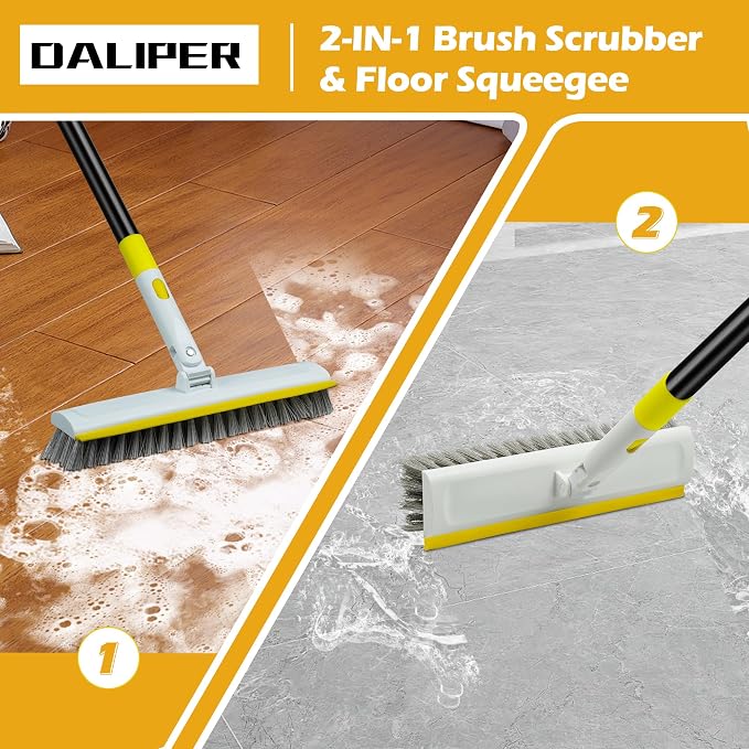 Floor Scrub Brush with 180° Rotating 50" Long Handle for Cleaning, 2 in 1 Scrape Scrubber Brush with Squeegee, Tile Tub Scrub Brushes Attachment for Clean Bathroom Deck Kitchen and Floor Wall