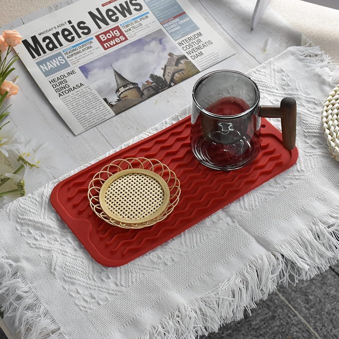 Silicone Dish Drying Mat, Non-Slip Easy Clean Sink Mat Large Heat-resistant Dish Drainer Mat for Kitchen Counter, Sink, Refrigerator or Drawer liner (12" x 6", RED)