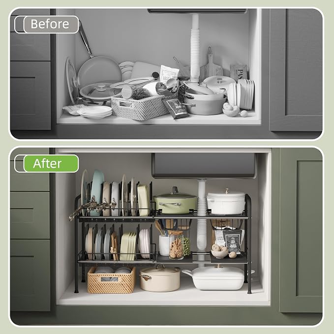 NETEL Adjustable Under Sink Organizers and Storage,Pots and Pans Organizer Under Kitchen Cabinet,Pan Lid Organizers Inside Cabinet,Expandable Cabinet Storage Shelf with Pan Rack and 14 Dividers
