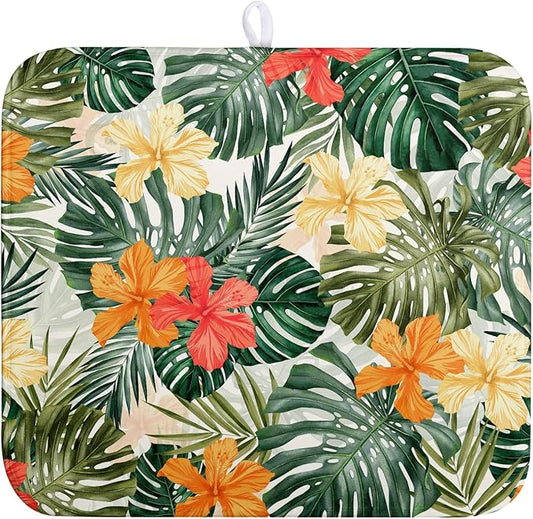 Tropical Leaves Flower Drying Mat for Kitchen Counter Summer Palm Leaf Drying Dish Mat Watercolor Herbs Dishes Pad Absorbent Fast Dry Kitchen Accessories 16x18 Inch