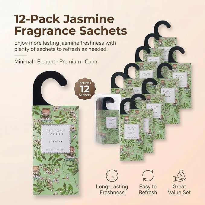 Large 12 Packs Jasmine Hanging Scented Sachets Long-Lasting Closet Deodorizer Air Freshener Fabric Refresher Odor Eliminator for Drawer Home Fragrance Gift Set