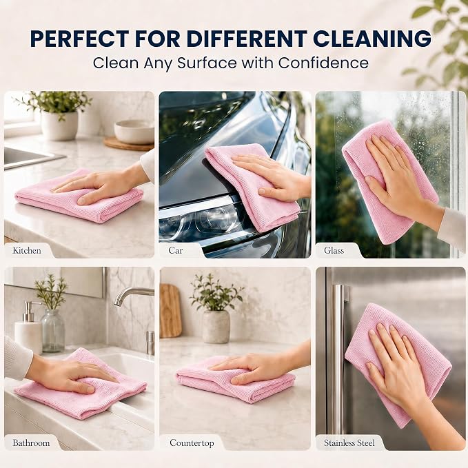 Veco Microfiber Cleaning Cloth Roll 80 PCS, 12" x 12" | Lint-Free, Streak-Free, Tear Away Reusable Microfiber Towels, Cleaning Rags for Kitchen, Car & Home, Pink