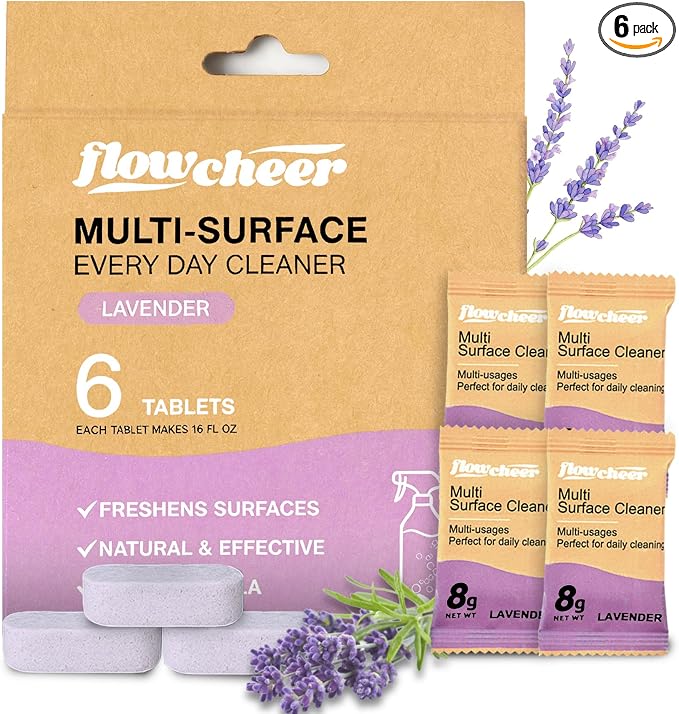 flowcheer Multi Surface Cleaner Refills - 6 Pack All Purpose Cleaning Refill Tablet-Makes 96 fl oz Bottles of Spray Cleaner for Household&Kitchen Cleaning (Lavender-6pc)