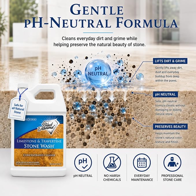 Black Diamond Stoneworks Limestone & Travertine Stone Wash Concentrate – pH Neutral Cleaner for All Sealed & Unsealed Natural Stone Floors Including Marble, Slate, Granite & More (4 Gallons)