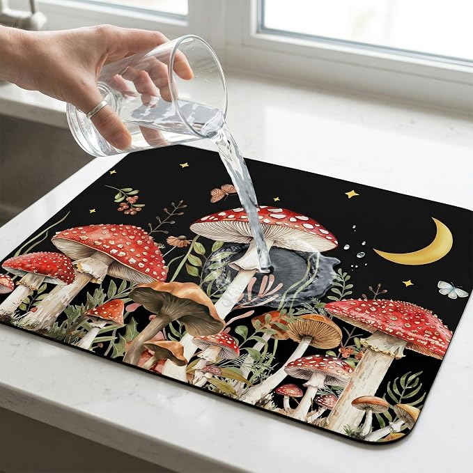 Mushroom Dish Drying Mat, Absorbent Microfiber Kitchen Counter Pad, Mushroom Decor for Countertop, Reversible Kitchen Counter Mat for Kitchen Sink & Countertop