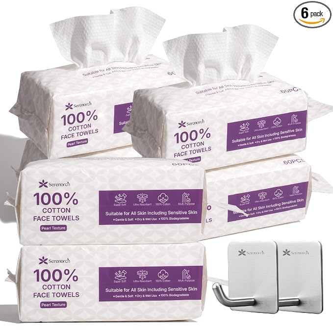 100% Cotton Disposable Face Towels, 360 Count | Soft Cotton Tissues for Sensitive Skin, Makeup Remover Dry Wipes, Lint-Free Facial Cleansing Cloths, Hanging Bag