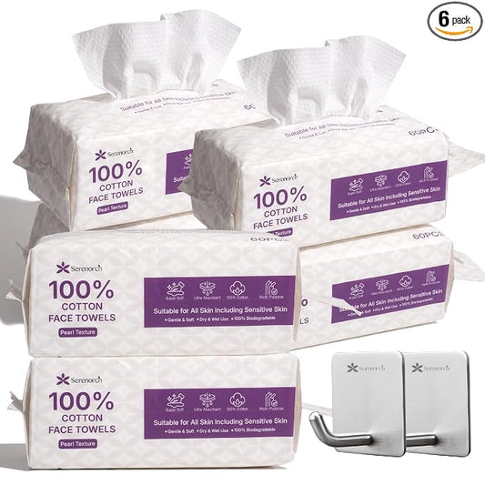 100% Cotton Disposable Face Towels, 360 Count | Soft Cotton Tissues for Sensitive Skin, Makeup Remover Dry Wipes, Lint-Free Facial Cleansing Cloths, Hanging Bag