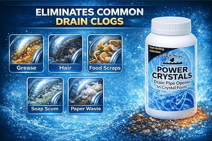 Black Swan 09177 Power Crystals Drain Opener, 2 lbs (32 oz) - Heavy Duty Crystal Formula for Cleaning Clogged Drain Pipes Due to Grease, Food Scraps - Safe for Plumbing & Septic Systems