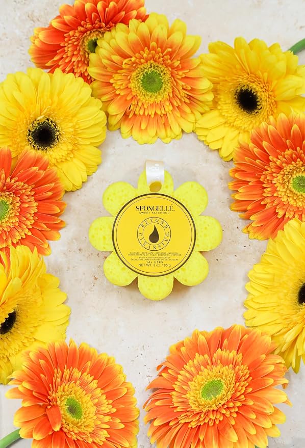 Spongellé Sweet Patchouli Wild Flower Bath Sponge | Built-in Body Wash & Body Scrubber, Shower Loofah Sponge for Women | 14+ uses