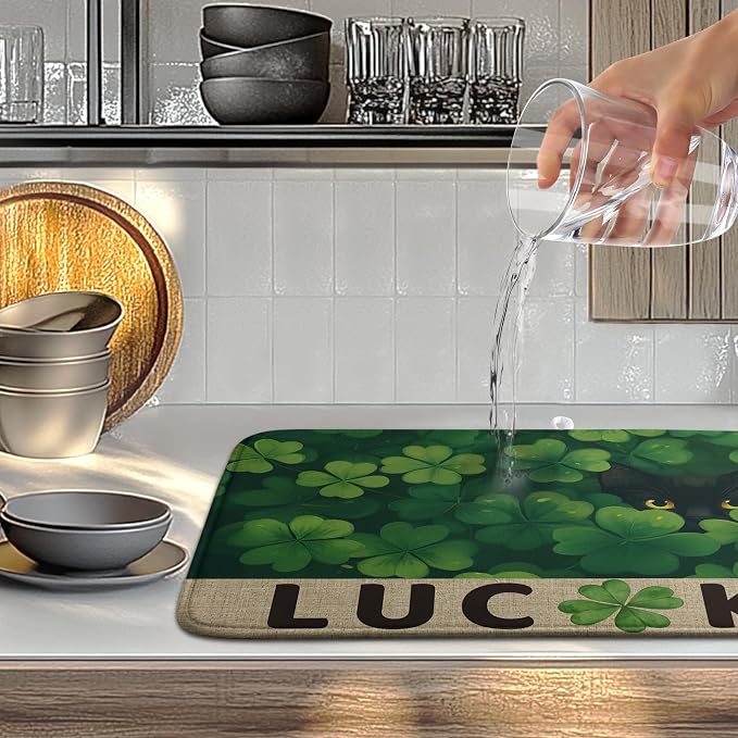 St Patricks Day Spring Shamrock Dish Drying Mats St Patrick's Day Dish Mat Cute Cat Drying Matt Dishes Dryer Pad for Kitchen Counter Absorbent Microfiber Washable Foldable Reusable 18x24 in