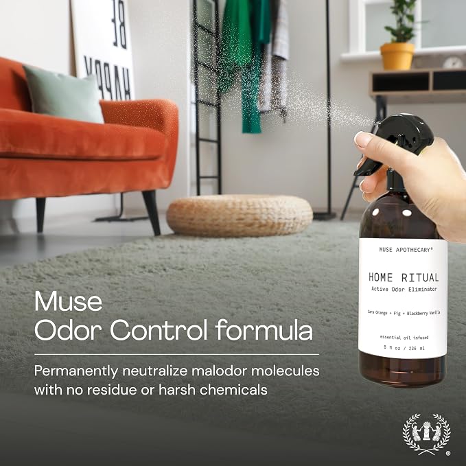 Muse Apothecary Home Ritual Active Odor Eliminator Spray - Furniture Deodorizer Spray & Bathroom Odor Eliminator for Home - Essential Oil Air Freshener - 8oz, Bergamot + French Lavender + Sandalwood