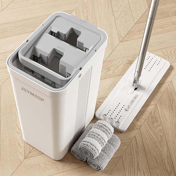JOYMOOP Mop and Bucket Set for Home and Commercial Use, Flat Mop System with 3 Reusable Microfiber Pads, Floor and Wall Cleaner