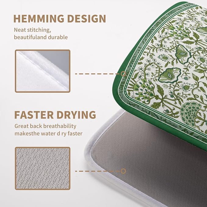 Green Floral Dish Drying Mat for Kitchen Counter 16x18 Inch Spring Summer Flowers Drying Mats Microfiber Absorbent Dish Drainer Pad Reusable Washable Dish Draining Mat for Coffee Bar Sink