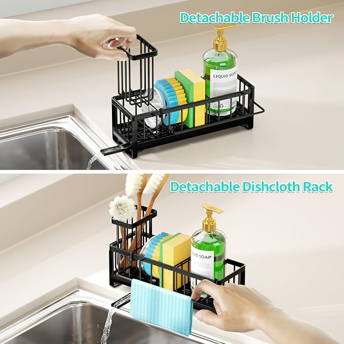 HapiRm Sponge Holder for Kitchen Sink - Self-draining Sink Caddy with Brush and Dishcloth Holders, Stainless Steel Kitchen Countertop Organizers and Storage Essentials - Black