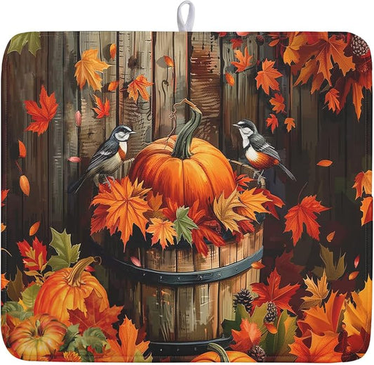 Fall Pumpkin Dish Drying Mat for Kitchen Counter Autumn Pumpkin Dish Mats for Drying 16x18 Inch Kitchen Decor Reversible Absorbent Microfiber Fall Thanksgiving Dishes Pad for Coffee Bar Accessories