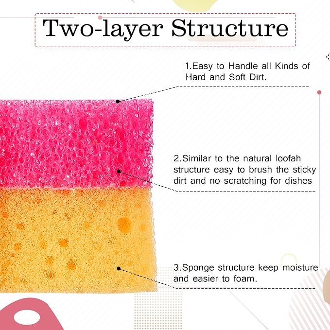 FillTouch 3 Pcs Dual Sided Scrub Sponge Multi Functional Cute Temperature Sensitive Non Scratch Dish Sponge for Washing Dishes Kitchen Bathroom(Flower,Pink)