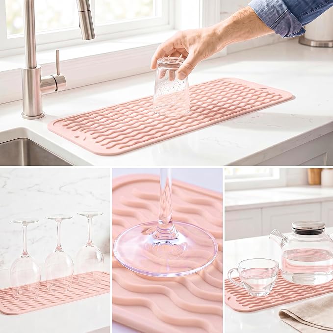 MicoYang Silicone Dish Drying Mat for Multiple Usage,Easy clean,Eco-friendly,Heat-resistant Silicone Mat for Kitchen Counter,Sink,Bar,Bottle,or Cup Pink M 17 inches x 6 inches