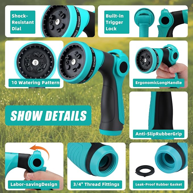 Garden Hose Nozzle Sprayer - 10 Spray Patterns, THUMB CONTROL On Off Valve Heavy Duty Hose Sprayer Nozzle for Watering Plants & Lawns, Washing Cars & Pets - Outdoor Water Hose Nozzle Head Attachment