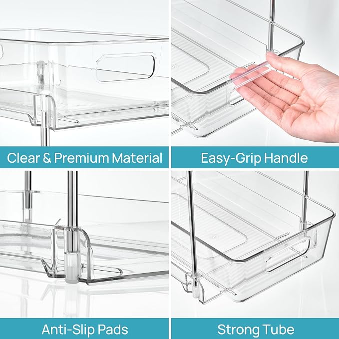 Vtopmart 2 Pack Higher Bathroom Organizer, 2 Tier White Under Sink Organizers Vanity Countertop Storage Container,Cabinet Drawers Bins, Pull-Out Organization with Track for Pantry, Kitchen