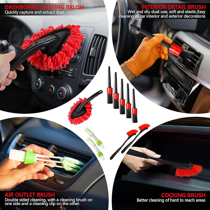 35Pcs Car Detailing Kit & Car Cleaning Kit, B：35PCS-R | Windshield Tool, Long Wheel Brush & 2 Angled Brushes, 4 Polishing Pads & 4 Wax Pads, Red Tool Box, Gift for Men
