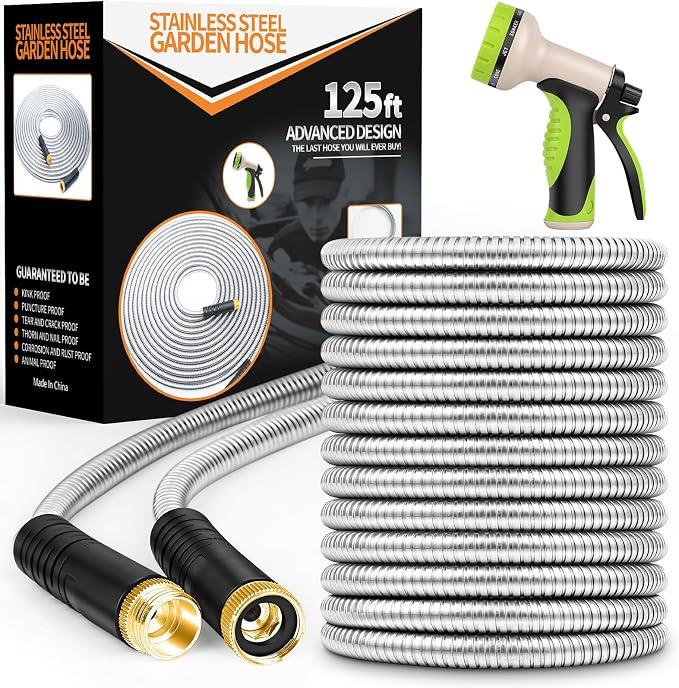 Unywarse Garden Hose 125ft, Stainless Steel Heavy Duty Water Hose with 10 Function Nozzle Flexible, Lightweight, No-Kink, Pet Proof, Puncture Proof Metal Hose for Yard, Outdoor